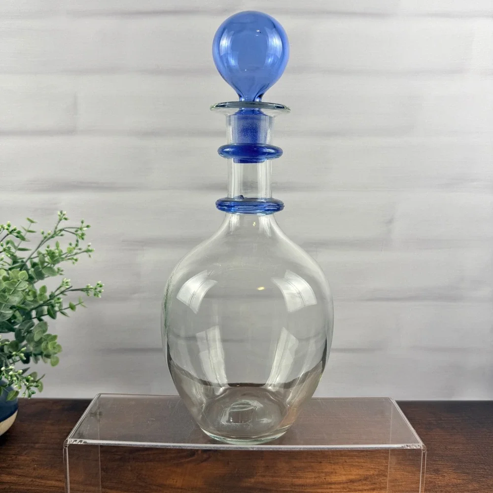 Blenko 3751D Ring Decanter Sky Blue Crystal Glass Ball Stopper